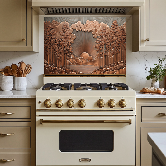 Copper Tone Sun Shine & Glass Tree Landscape Printed Tempered Glass Kitchen Backsplash Splashback or Wall Art Panel