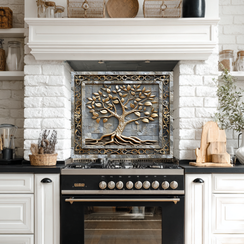 Carved Look Tree of Life Print One Piece Tempered Glass Kitchen Splashback For Stove Behind, Kitchen Backsplash, Wall Art