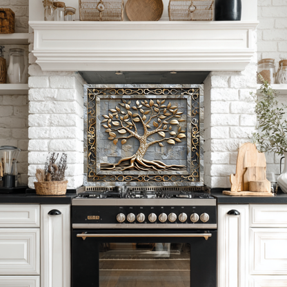 Carved Look Tree of Life Print One Piece Tempered Glass Kitchen Splashback For Stove Behind, Kitchen Backsplash, Wall Art