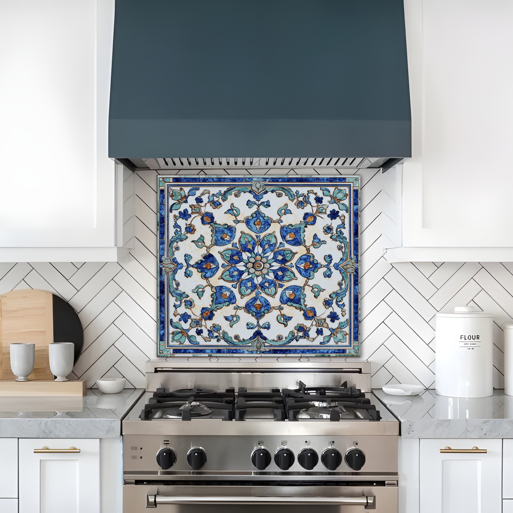 Ottoman Patterns One Piece Tempered Glass Kitchen Splashback For Stove Behind, Kitchen Backsplash, Wall Art