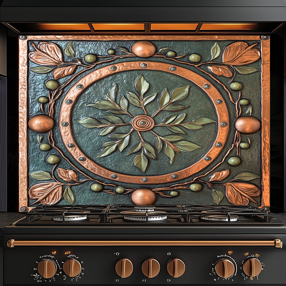 Copper Look Olive Leaves One Piece Tempered Glass Kitchen Splashback For Stove Behind, Kitchen Backsplash, Wall Art