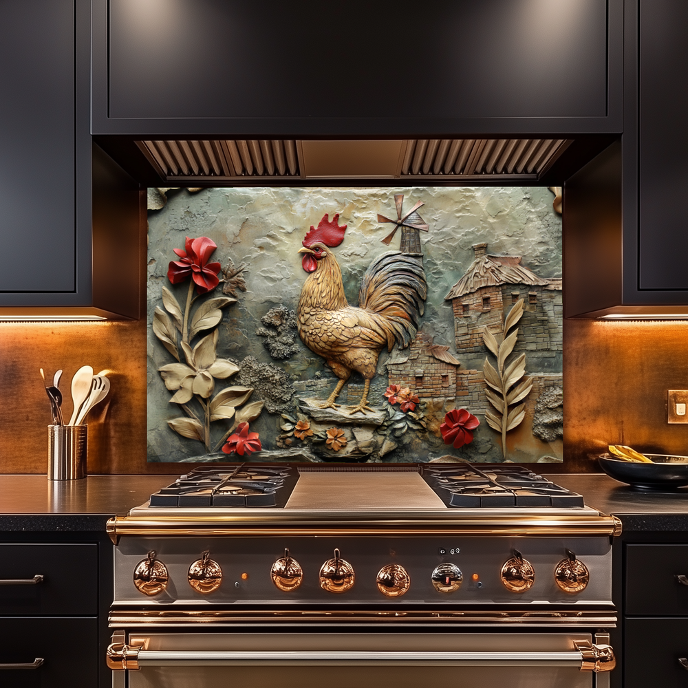 Cockerel Themed One Piece Tempered Glass Kitchen Splashback For Stove Behind, Kitchen Backsplash, Kitchen Backsplash, Wall Art