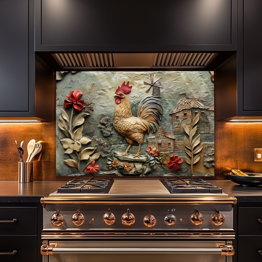 Cockerel Themed One Piece Tempered Glass Kitchen Splashback For Stove Behind, Kitchen Backsplash, Kitchen Backsplash, Wall Art