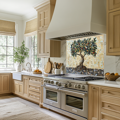 Mosaic Look Olive Tree One Piece Tempered Glass Kitchen Splashback For Stove Behind, Kitchen Backsplash, Wall Art