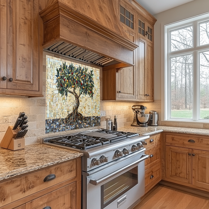 Mosaic Look Olive Tree One Piece Tempered Glass Kitchen Splashback For Stove Behind, Kitchen Backsplash, Wall Art