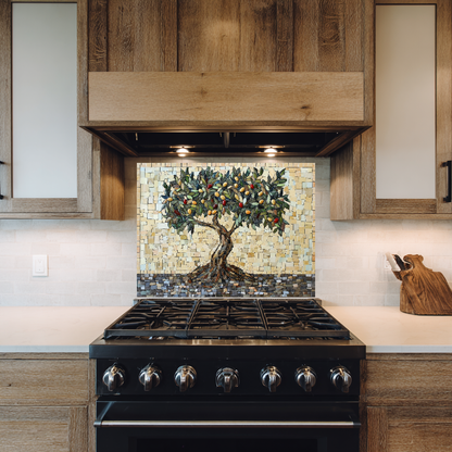 Mosaic Look Olive Tree One Piece Tempered Glass Kitchen Splashback For Stove Behind, Kitchen Backsplash, Wall Art